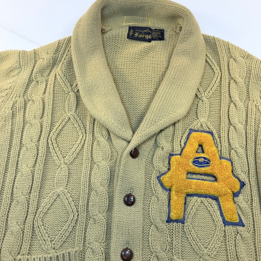 Fargo Cable Knit Shawl Collar Cardigan Sweater Chenille Letter A Vintage
